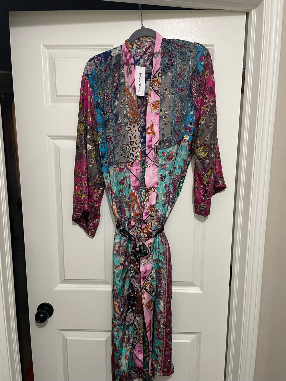 Women's Long Sleeve Paisley Print Kimono Robe in Multi-Color 70% Silk